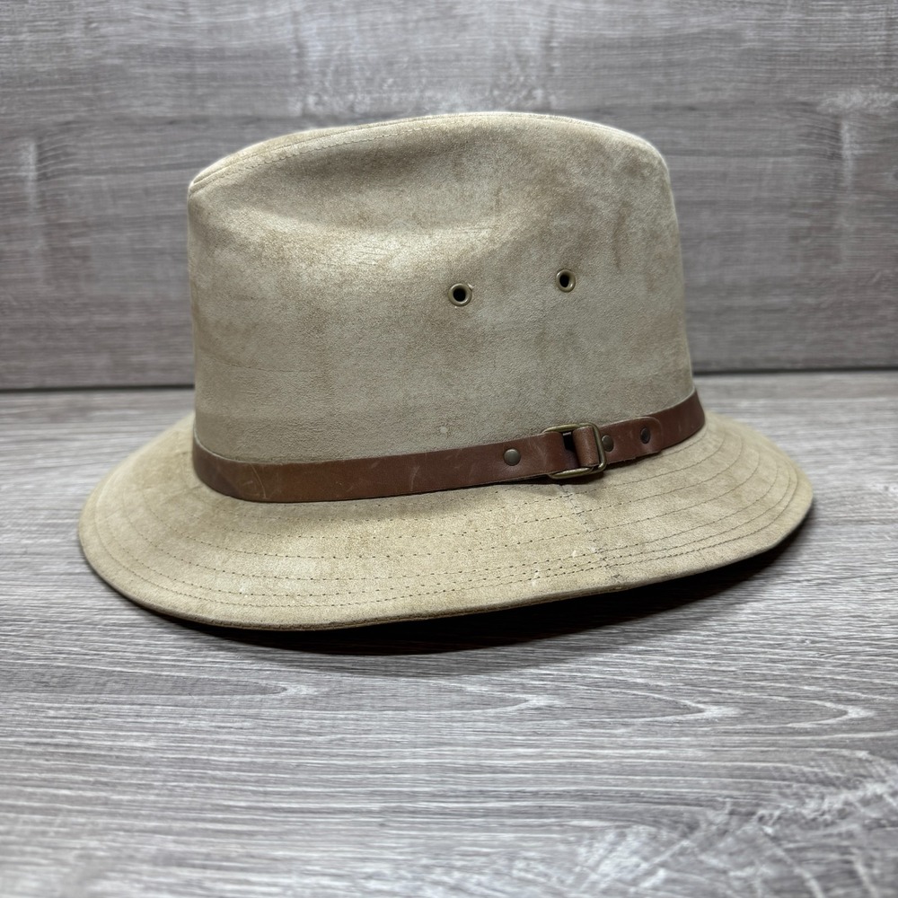 Kangol Design Safari Outback Hat Tan Suede Leather Band Mens XL Khaki READ